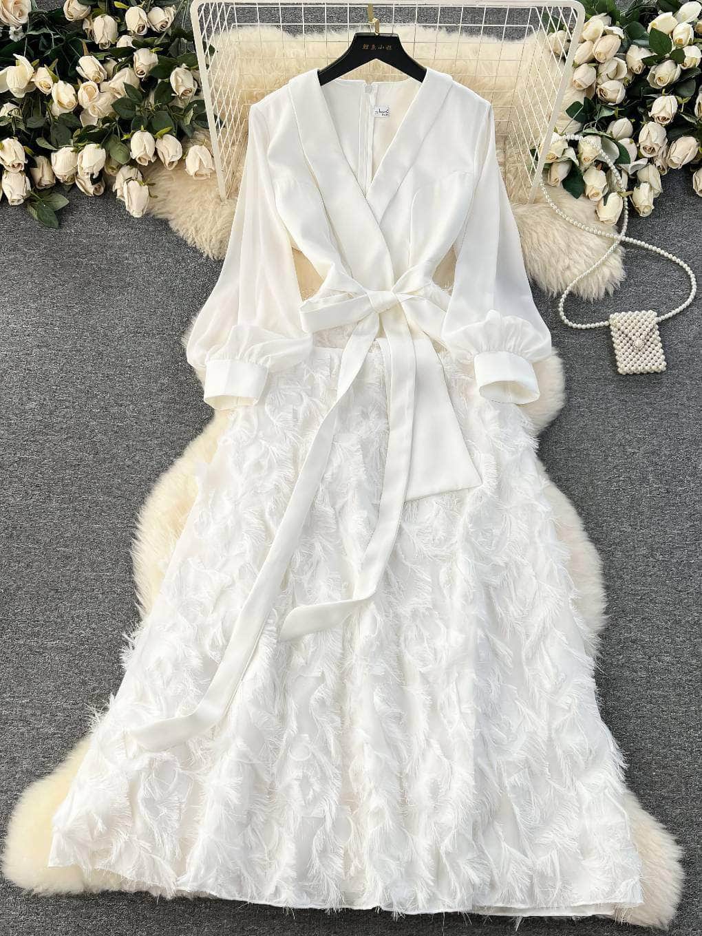Lantern Sleeves Belted Lace Feathered Maxi Dress M / White