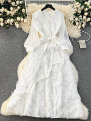 Lantern Sleeves Belted Lace Feathered Maxi Dress M / White