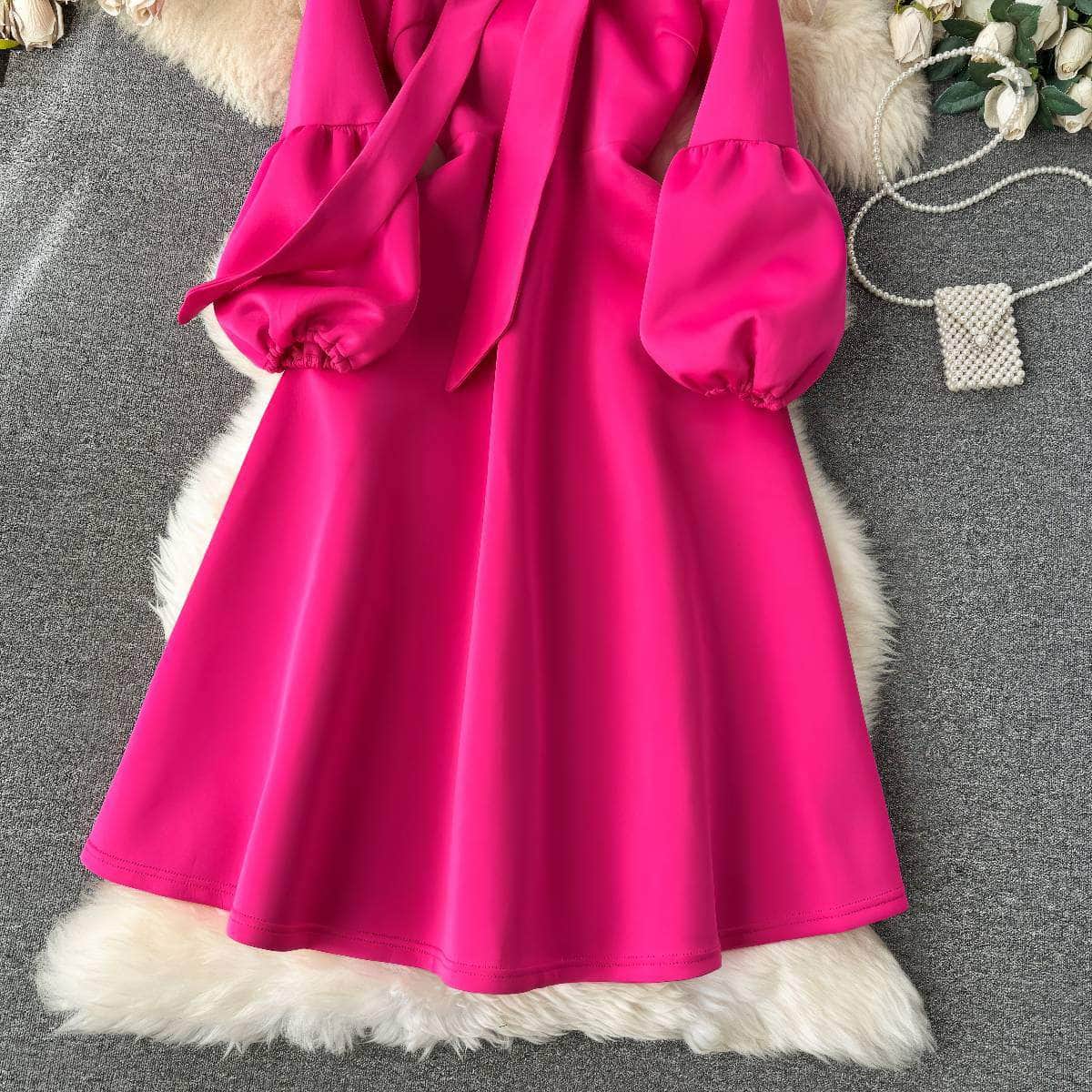 Lantern Sleeves Bow Sash Pleated Maxi Dress