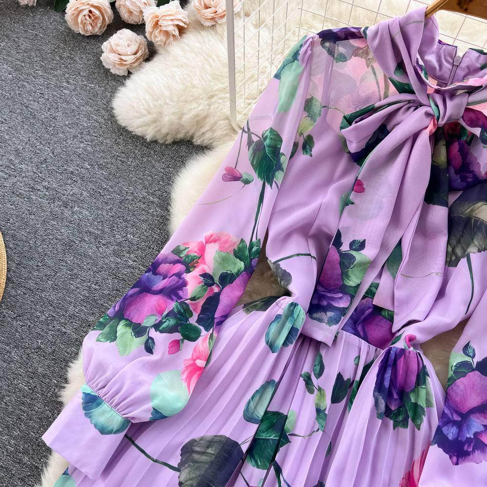 Lantern Sleeves Collared Sash Floral Print Maxi Pleat Dress