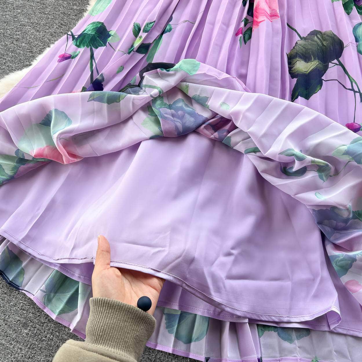 Lantern Sleeves Collared Sash Floral Print Maxi Pleat Dress