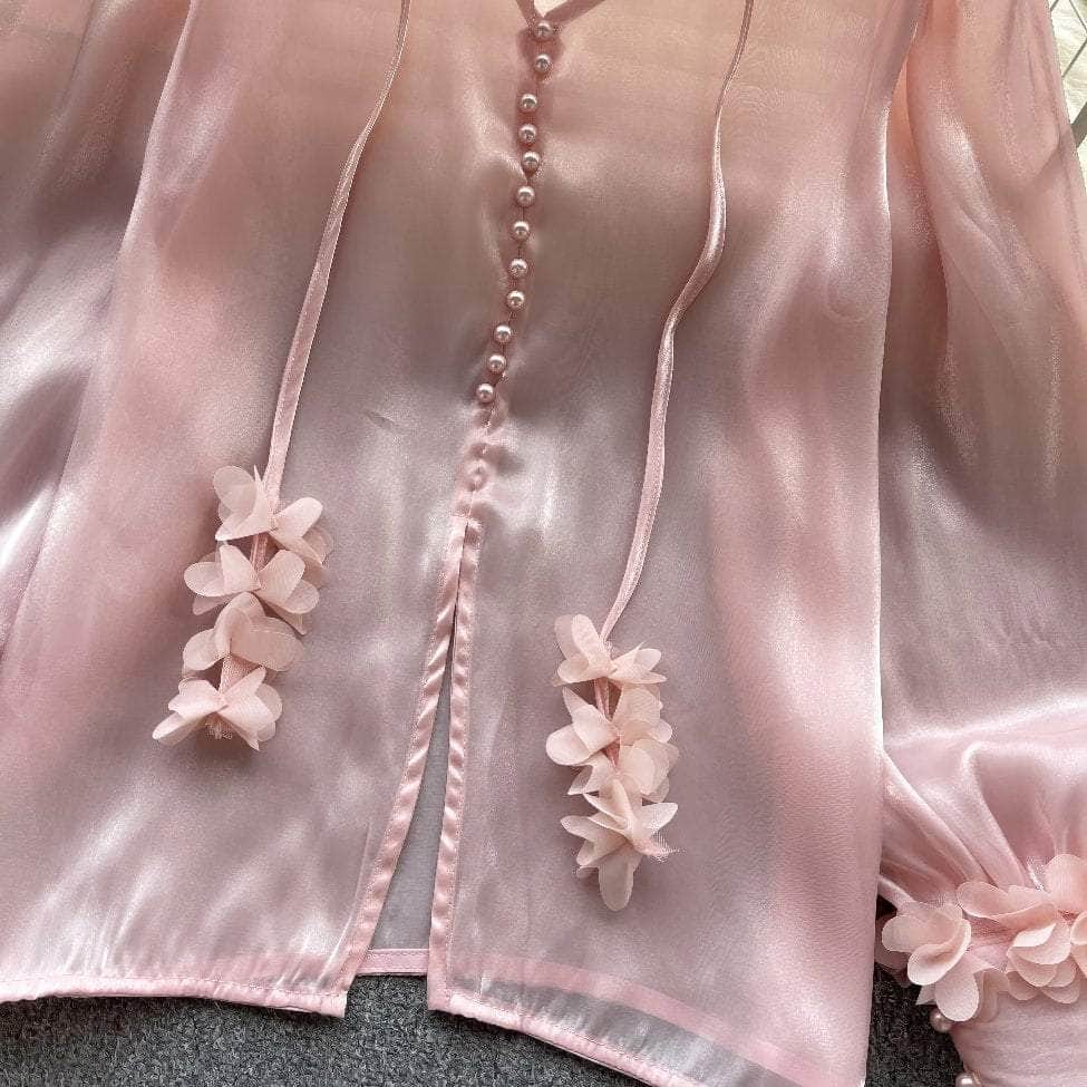 Lantern Sleeves Floral Deco Button Down Mesh Blouse