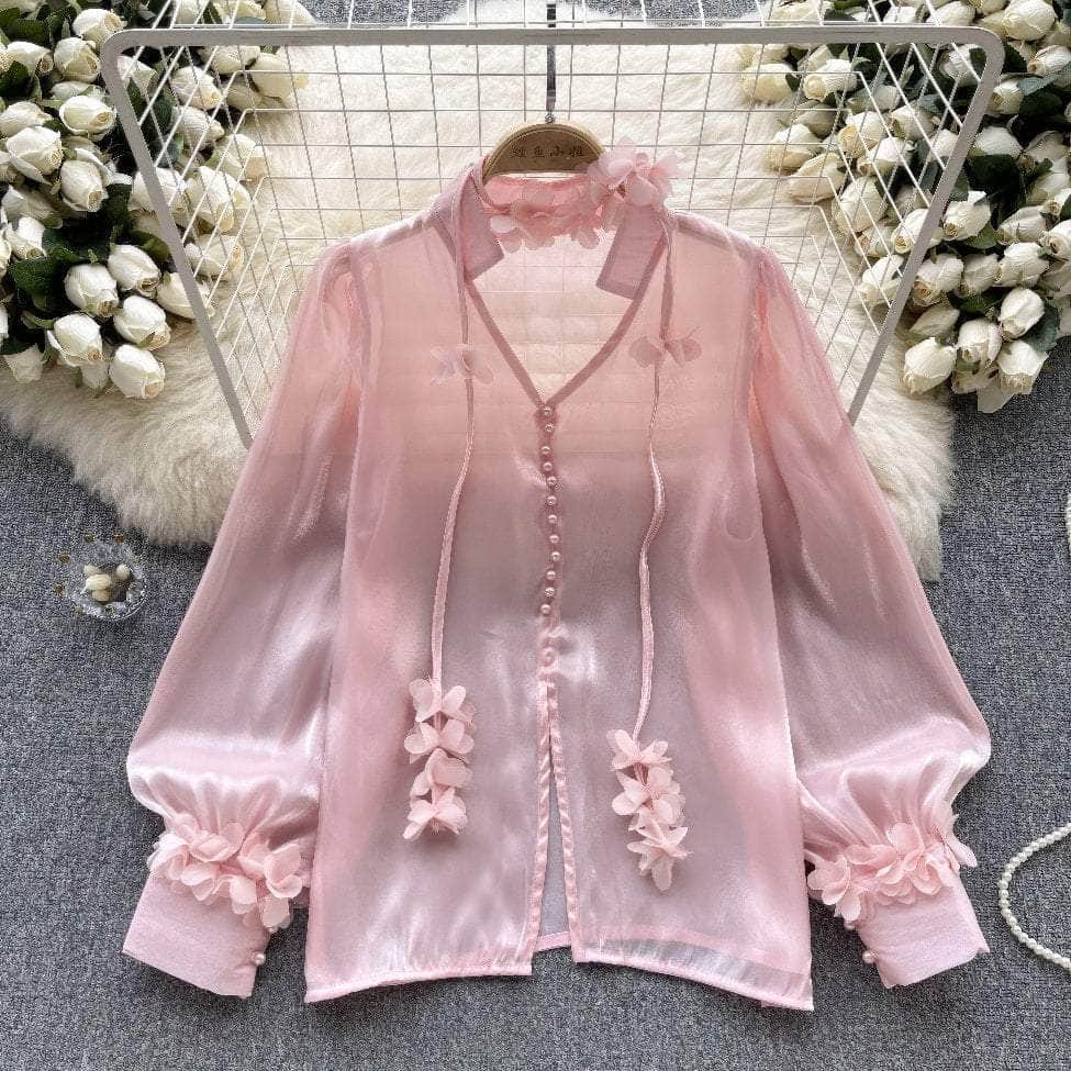 Lantern Sleeves Floral Deco Button Down Mesh Blouse