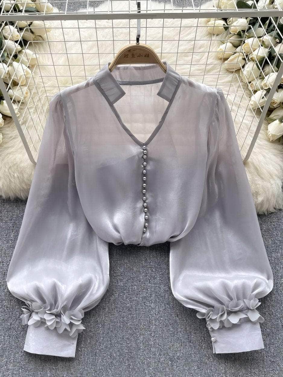 Lantern Sleeves Floral Deco Button Down Mesh Blouse MAX SIZE / Gray