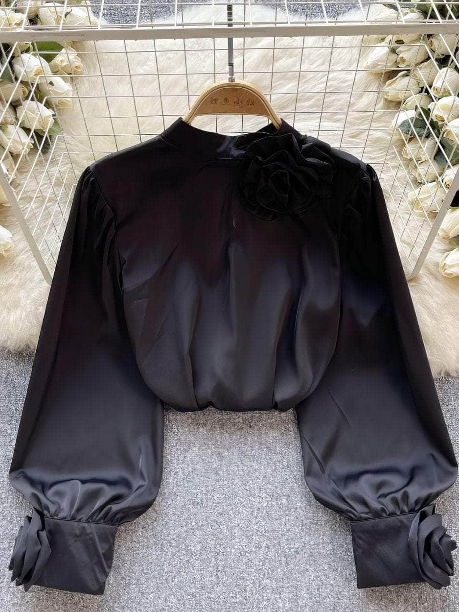 Lantern Sleeves Floral Deco Roundneck Satin Blouse