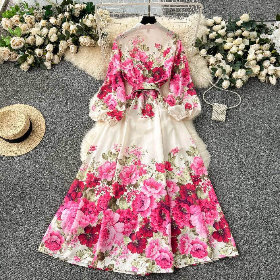 Lantern Sleeves Floral Print Buttoned Down Maxi Dress