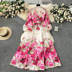 Lantern Sleeves Floral Print Buttoned Down Maxi Dress