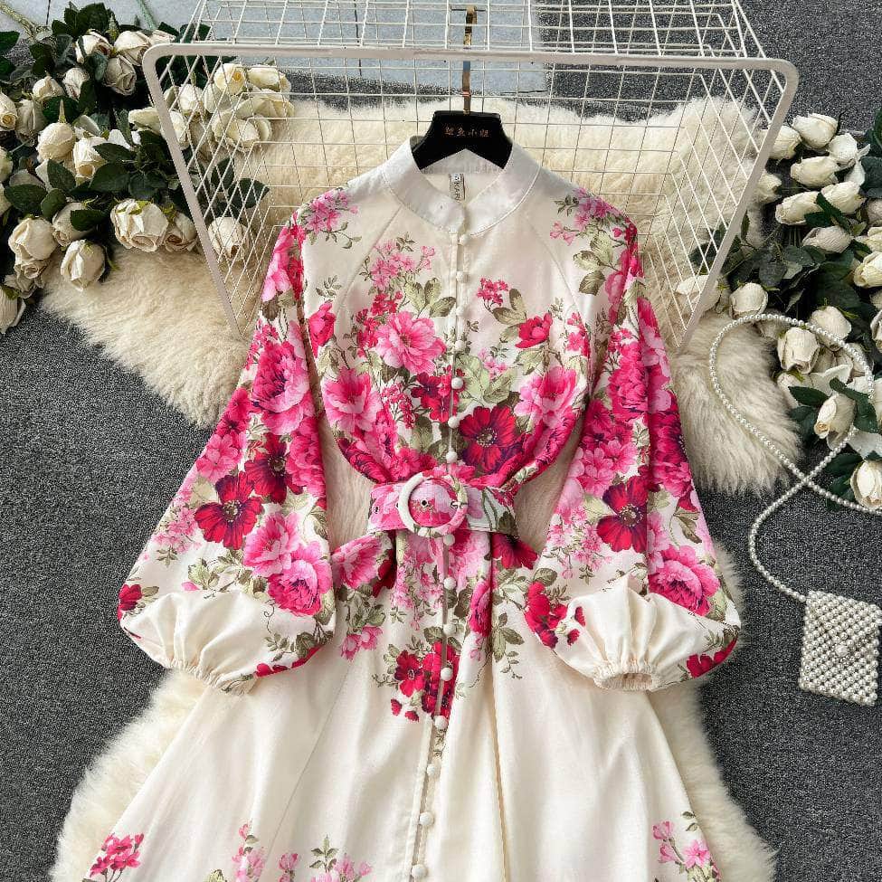 Lantern Sleeves Floral Print Buttoned Down Maxi Dress