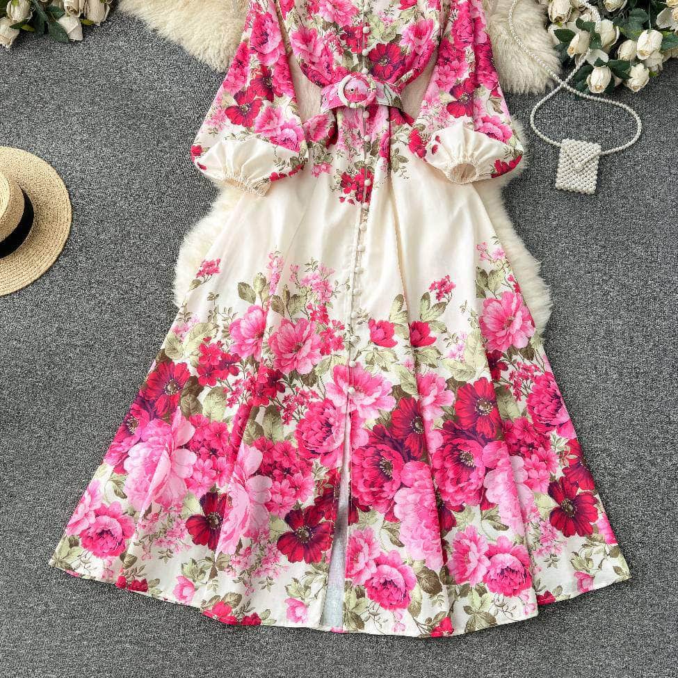 Lantern Sleeves Floral Print Buttoned Down Maxi Dress