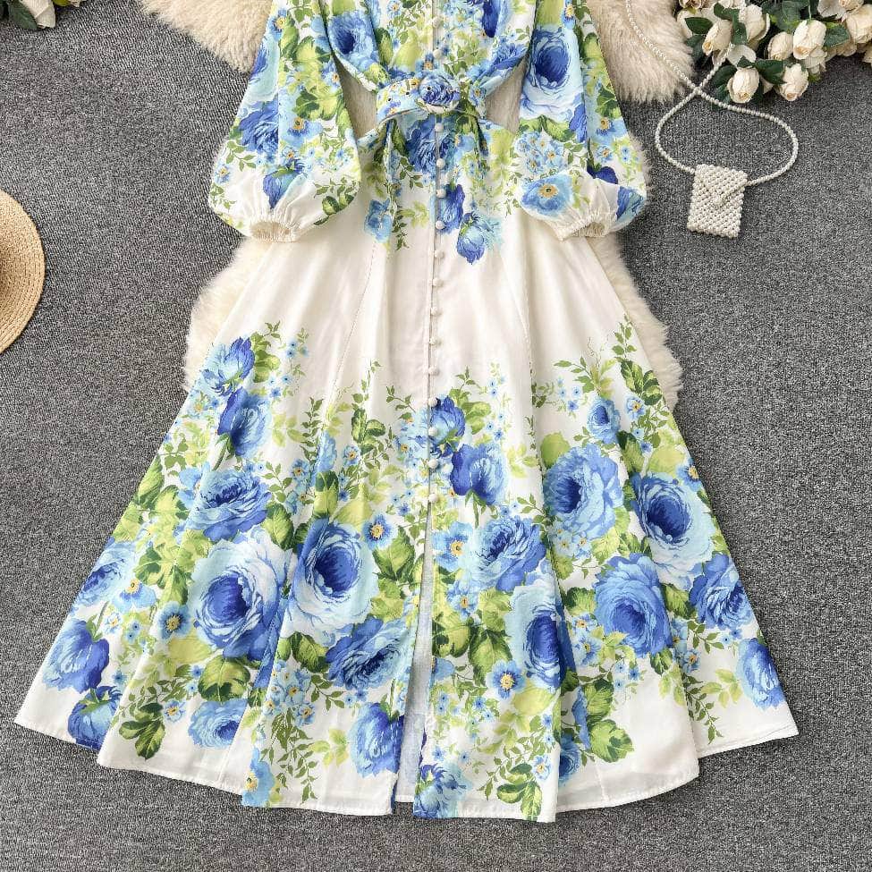 Lantern Sleeves Floral Print Buttoned Down Maxi Dress