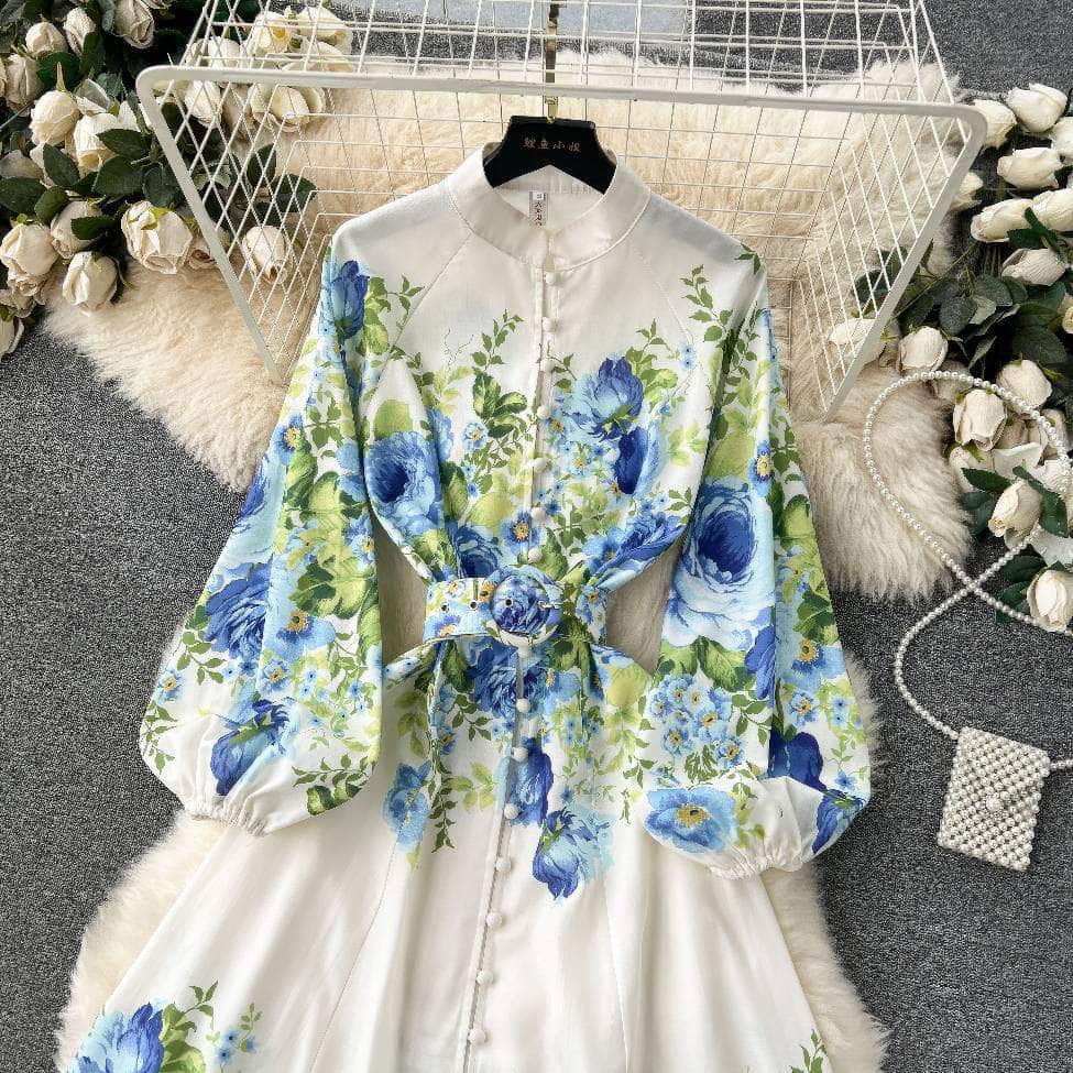 Lantern Sleeves Floral Print Buttoned Down Maxi Dress