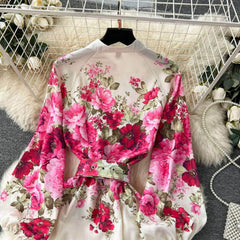 Lantern Sleeves Floral Print Buttoned Down Maxi Dress