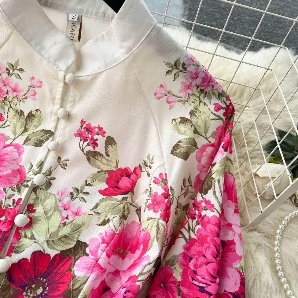 Lantern Sleeves Floral Print Buttoned Down Maxi Dress