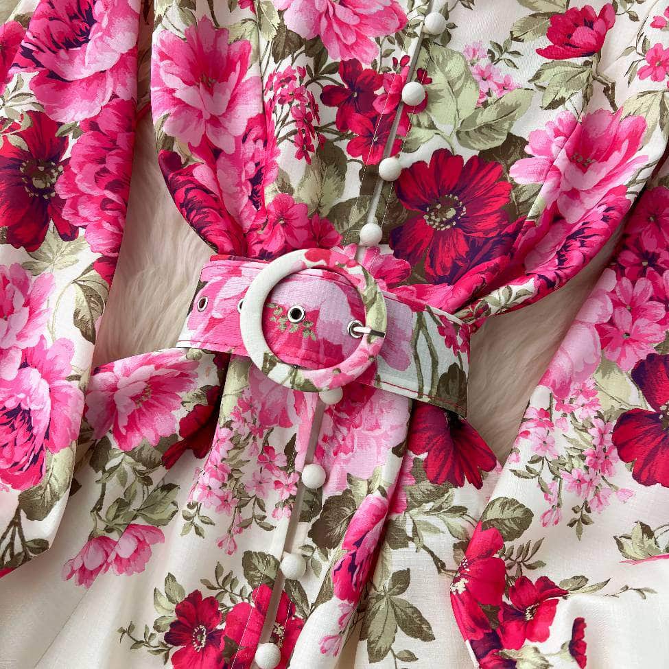 Lantern Sleeves Floral Print Buttoned Down Maxi Dress