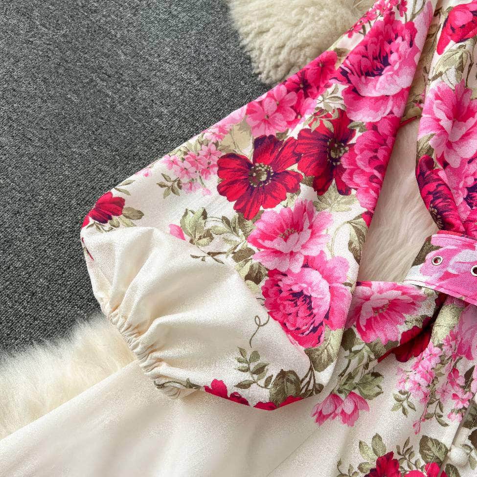 Lantern Sleeves Floral Print Buttoned Down Maxi Dress