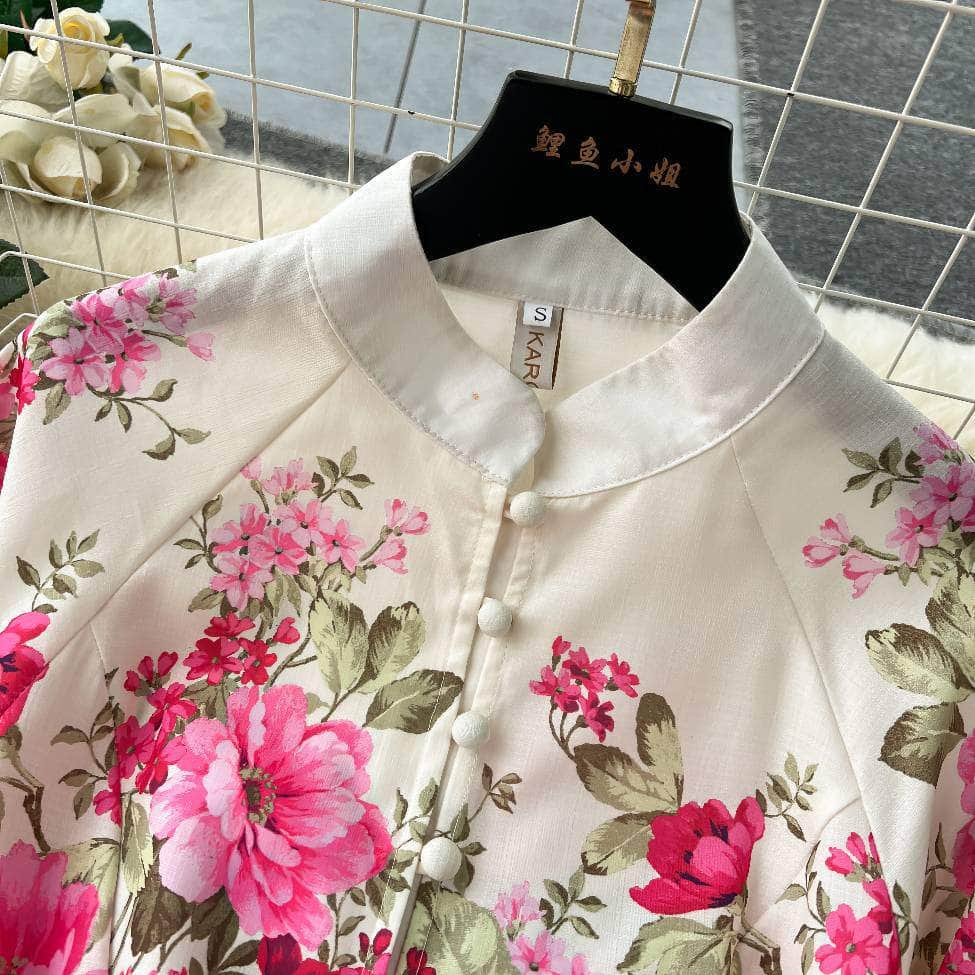 Lantern Sleeves Floral Print Buttoned Down Maxi Dress