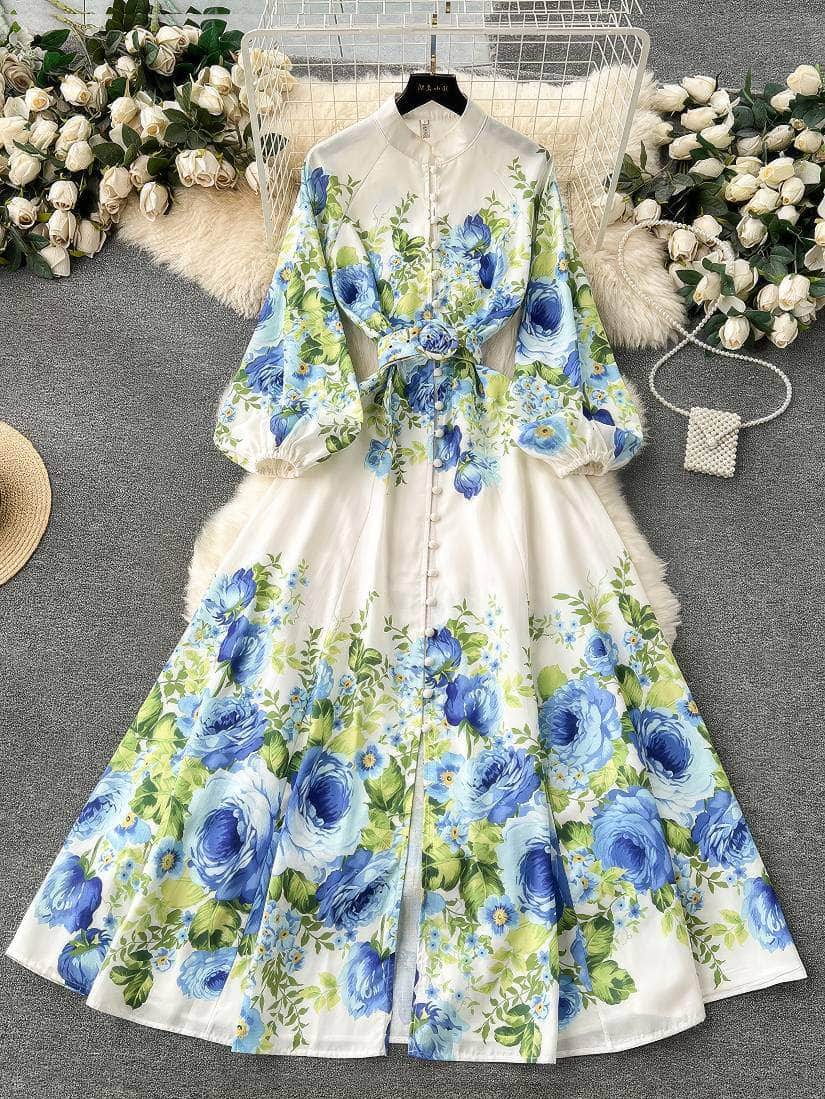 Lantern Sleeves Floral Print Buttoned Down Maxi Dress S / Blue