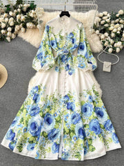 Lantern Sleeves Floral Print Buttoned Down Maxi Dress S / Blue