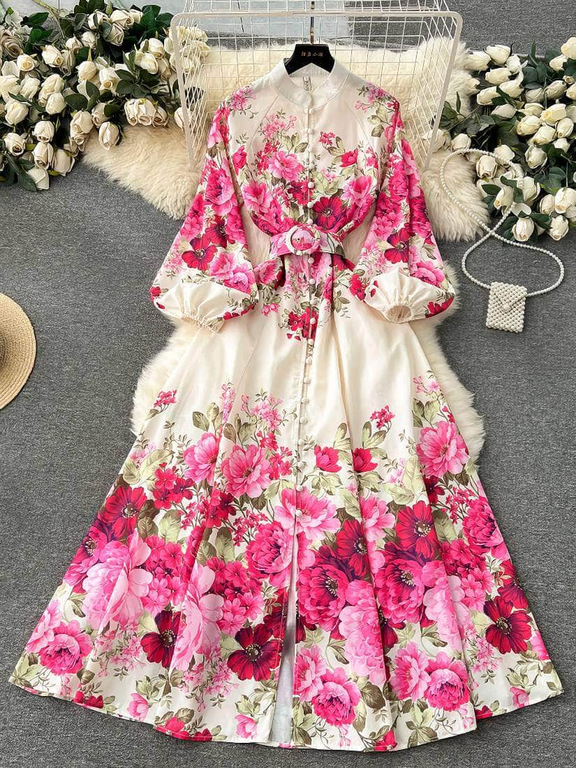 Lantern Sleeves Floral Print Buttoned Down Maxi Dress S / DeepPink