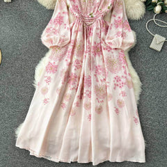 Lantern Sleeves Floral Print Midi A-line Dress