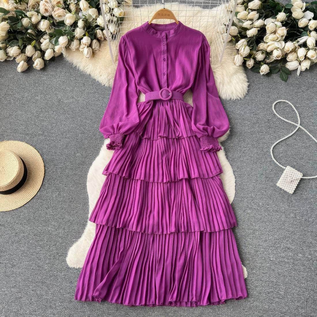 Lantern Sleeves Layered Pleated Maxi Dress MAX SIZE / Purple