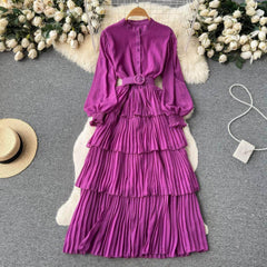 Lantern Sleeves Layered Pleated Maxi Dress MAX SIZE / Purple