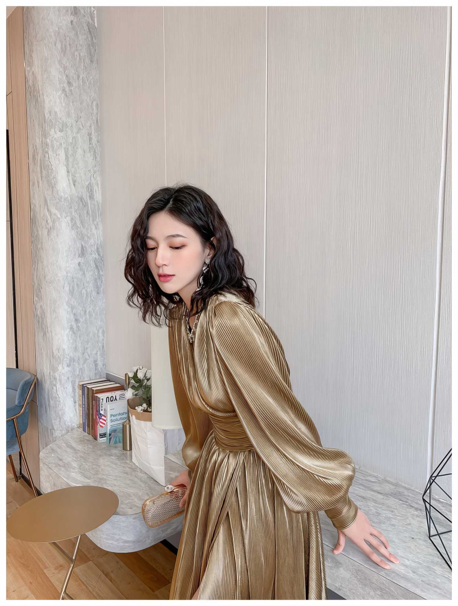 Lantern Sleeves Metallic Gold Maxi Dress