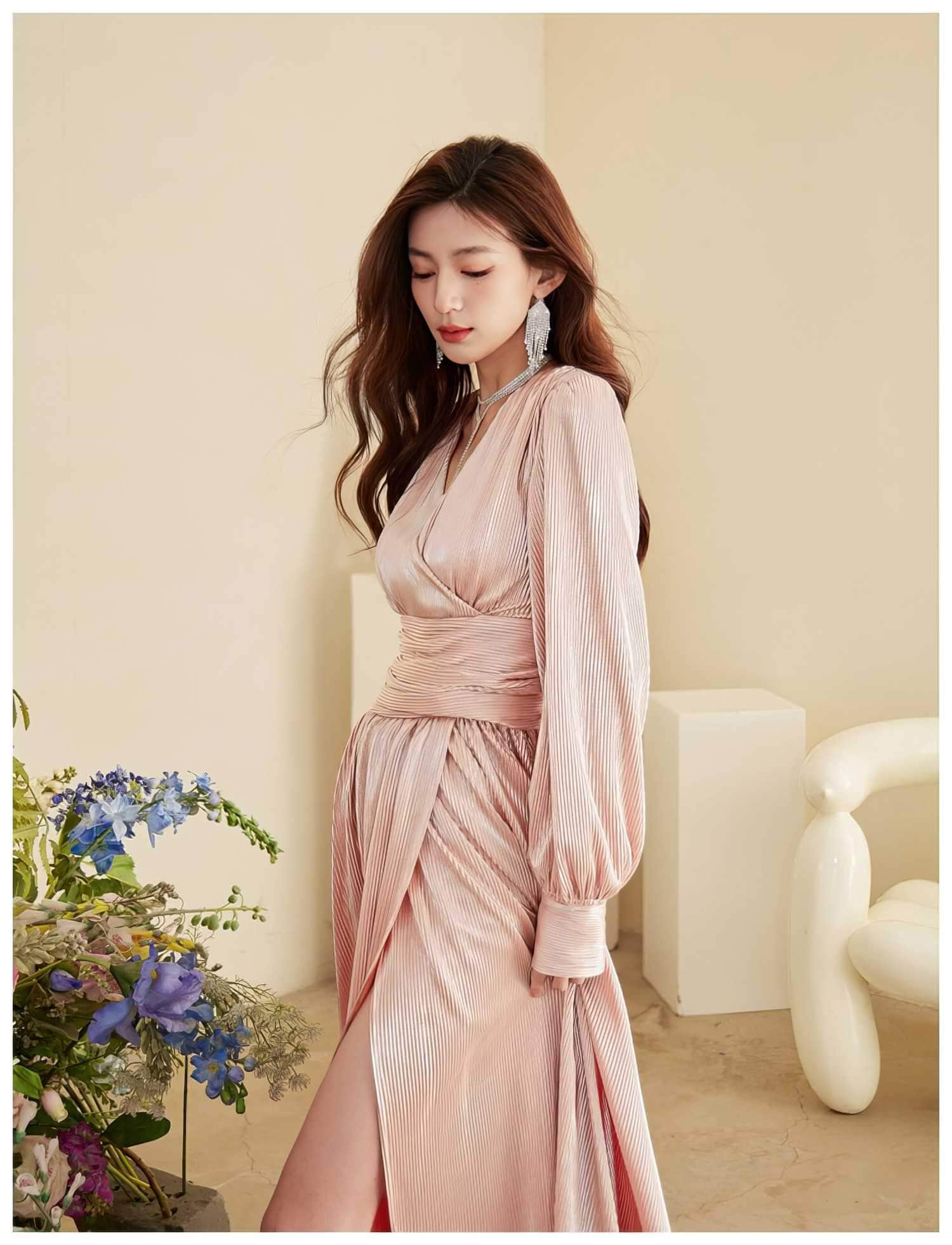 Lantern Sleeves Metallic Gold Maxi Dress S / Pink