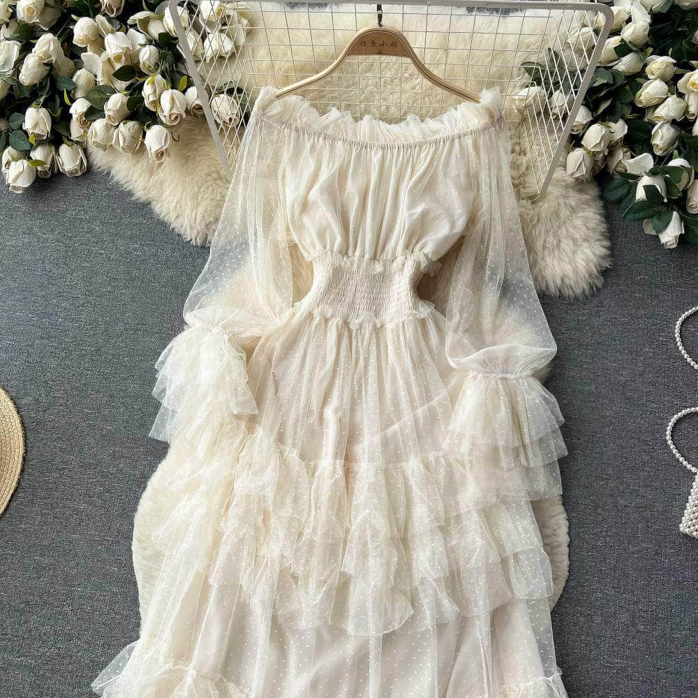 Lantern Sleeves Off-Shoulder Mesh Ruffled Layered Maxi Dress