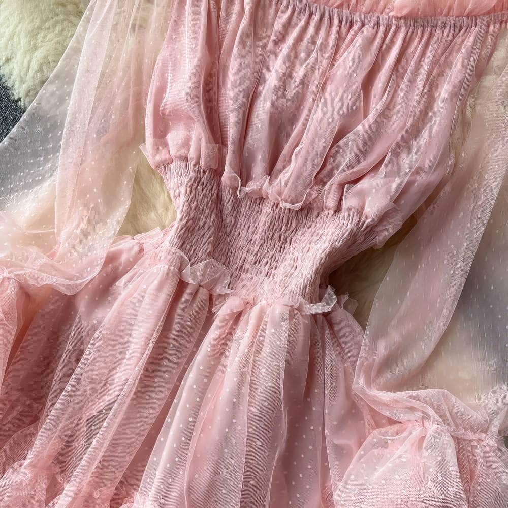 Lantern Sleeves Off-Shoulder Mesh Ruffled Layered Maxi Dress