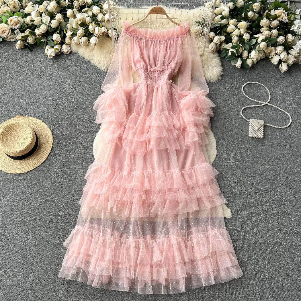 Lantern Sleeves Off-Shoulder Mesh Ruffled Layered Maxi Dress MAX SIZE / Pink