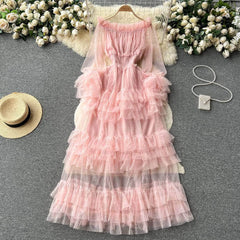 Lantern Sleeves Off-Shoulder Mesh Ruffled Layered Maxi Dress MAX SIZE / Pink