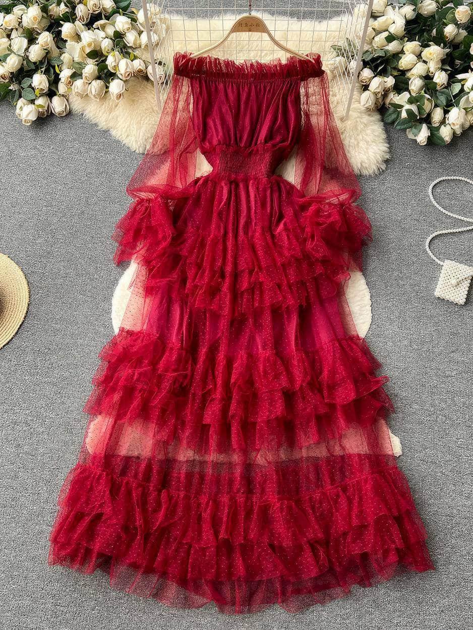 Lantern Sleeves Off-Shoulder Mesh Ruffled Layered Maxi Dress MAX SIZE / Red