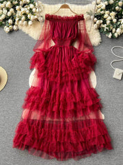 Lantern Sleeves Off-Shoulder Mesh Ruffled Layered Maxi Dress MAX SIZE / Red