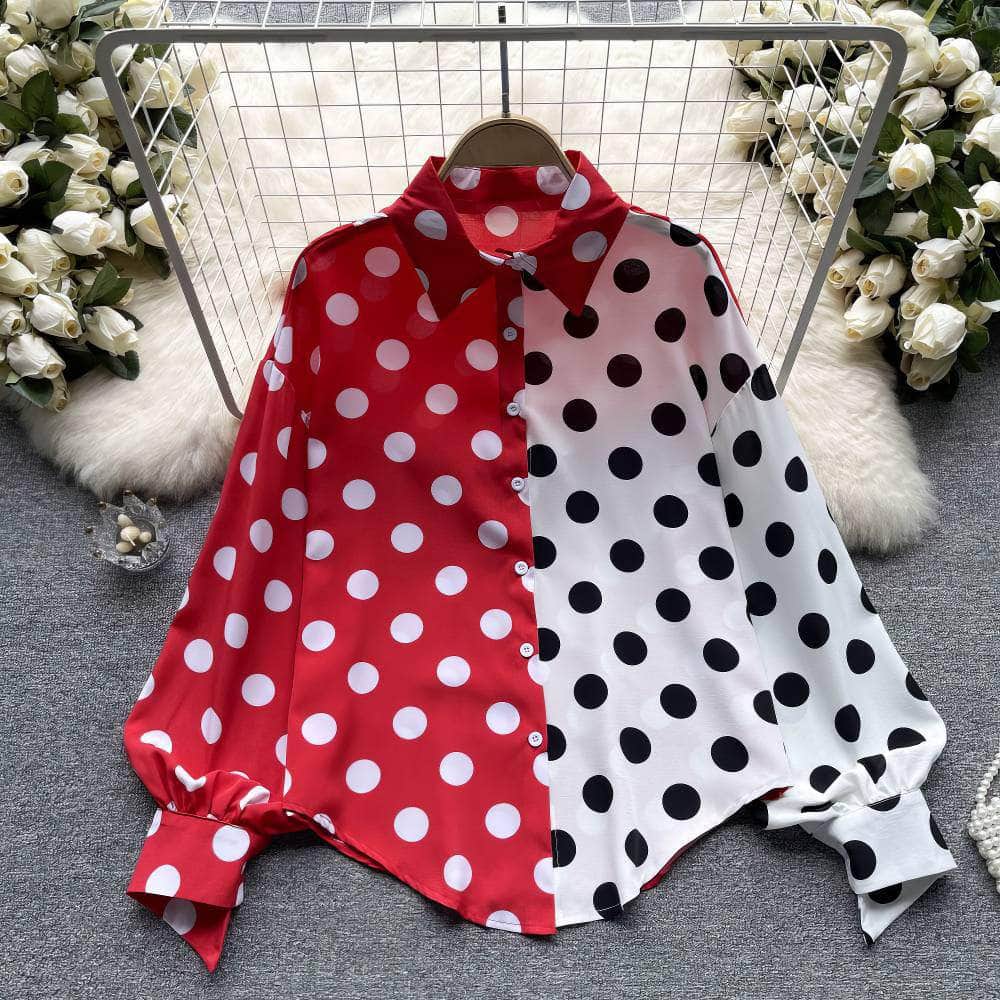 Lantern Sleeves Polka Dot Collared Top