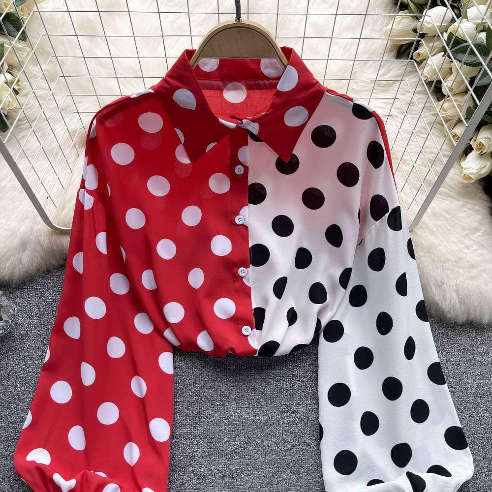 Lantern Sleeves Polka Dot Collared Top