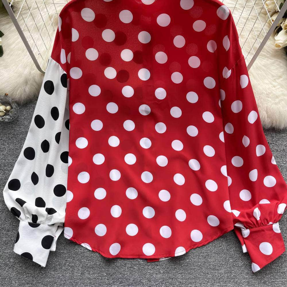 Lantern Sleeves Polka Dot Collared Top