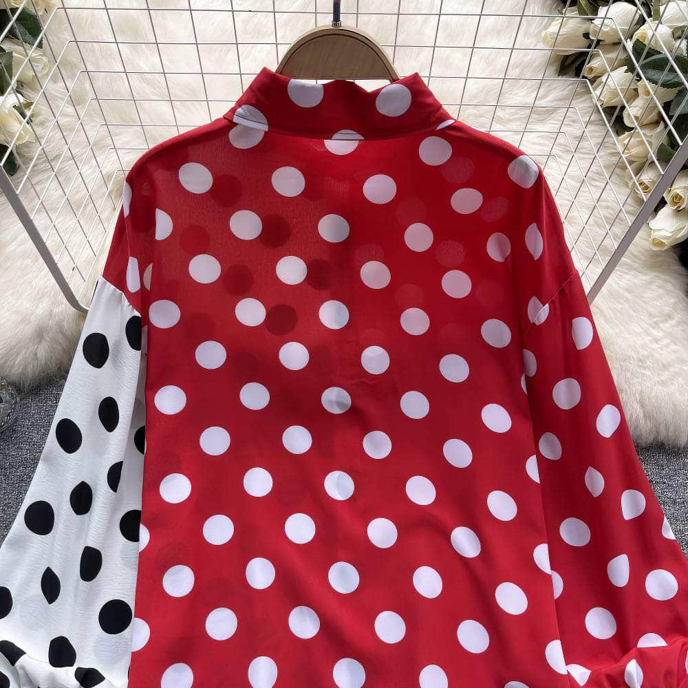 Lantern Sleeves Polka Dot Collared Top