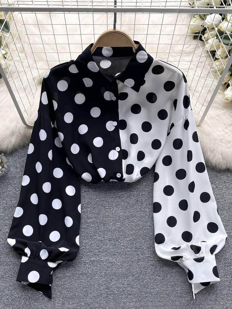 Lantern Sleeves Polka Dot Collared Top MAX SIZE / Black