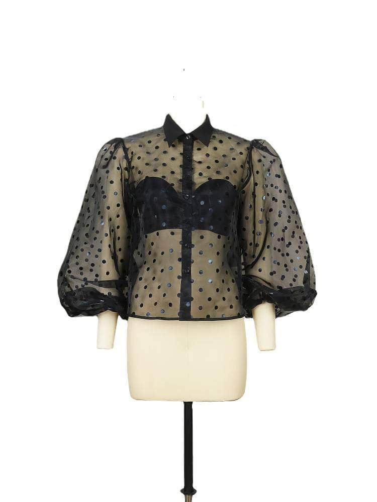 Lantern Sleeves Polka Dot Organza Blouse