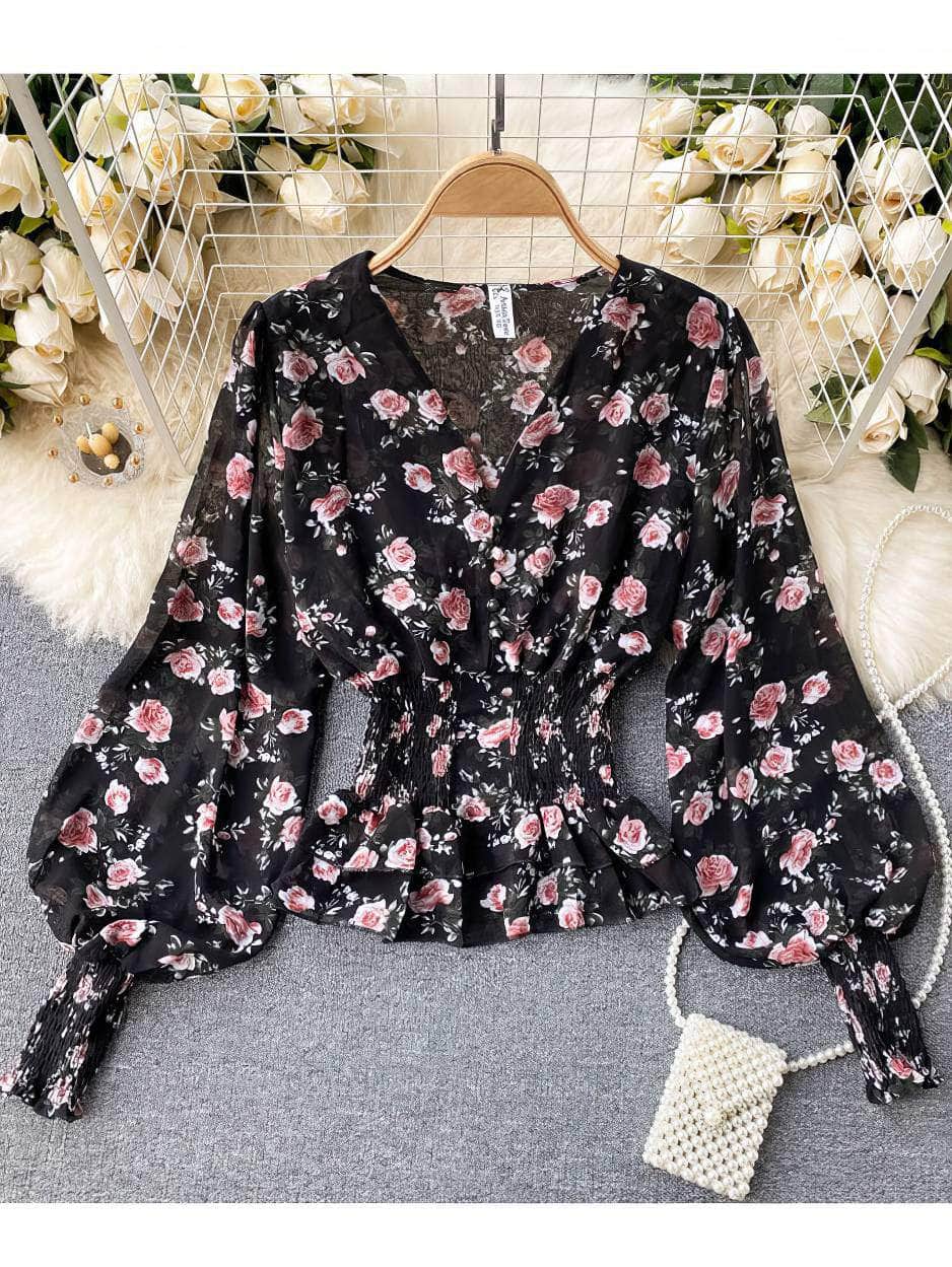 Lantern Sleeves Ruffled V-Neck Chiffon Blouse MAX SIZE / Black