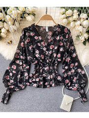Lantern Sleeves Ruffled V-Neck Chiffon Blouse MAX SIZE / Black