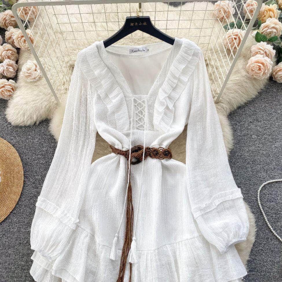 Lantern Sleeves Shirred Frill Hem Skater Dress