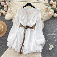 Lantern Sleeves Shirred Frill Hem Skater Dress