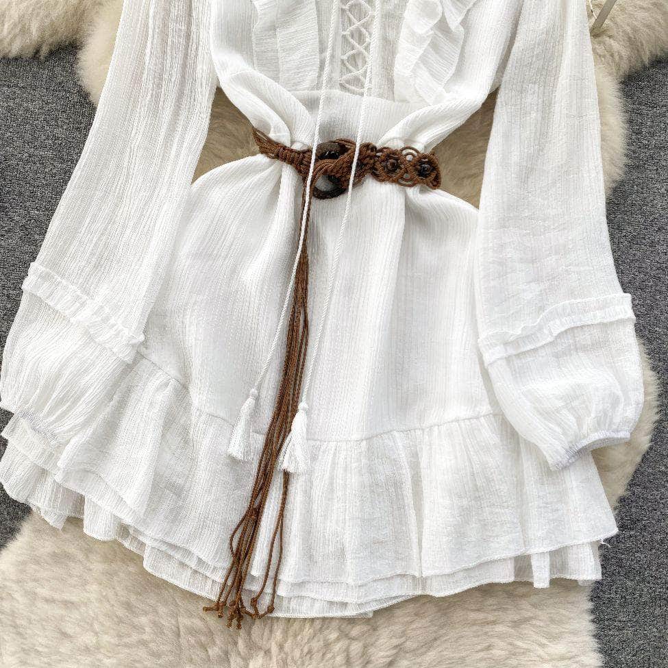 Lantern Sleeves Shirred Frill Hem Skater Dress