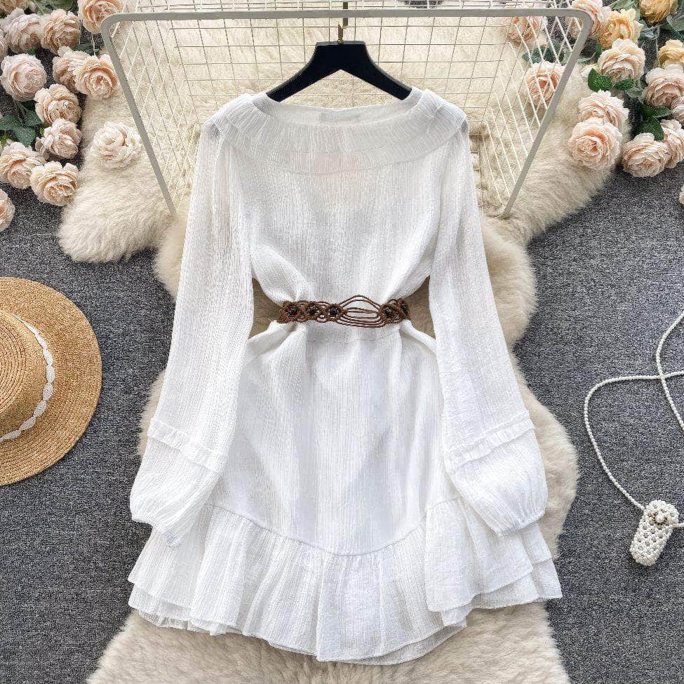 Lantern Sleeves Shirred Frill Hem Skater Dress