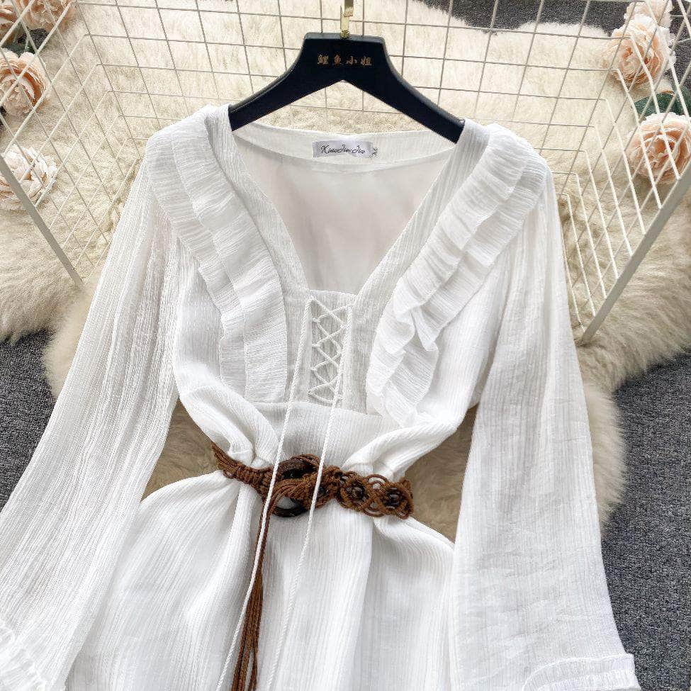 Lantern Sleeves Shirred Frill Hem Skater Dress