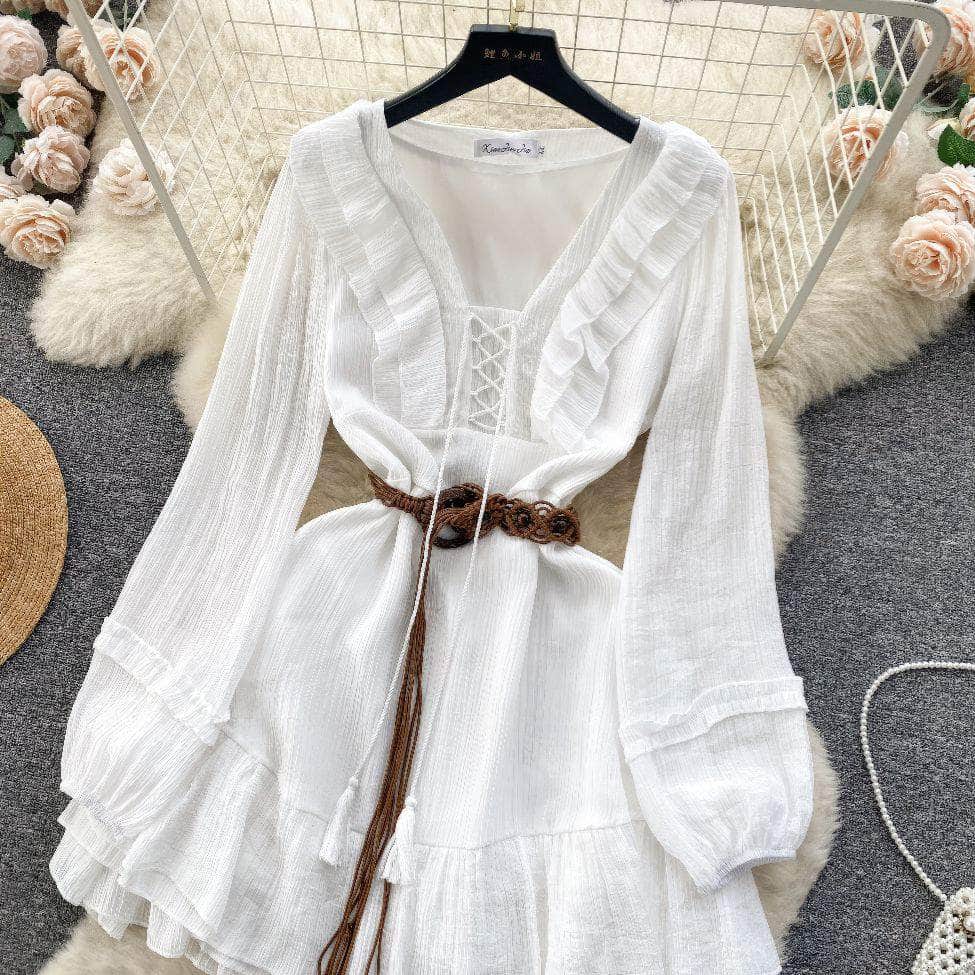 Lantern Sleeves Shirred Frill Hem Skater Dress