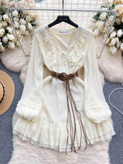 Lantern Sleeves Shirred Frill Hem Skater Dress S / Ivory