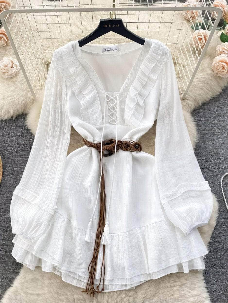 Lantern Sleeves Shirred Frill Hem Skater Dress S / White